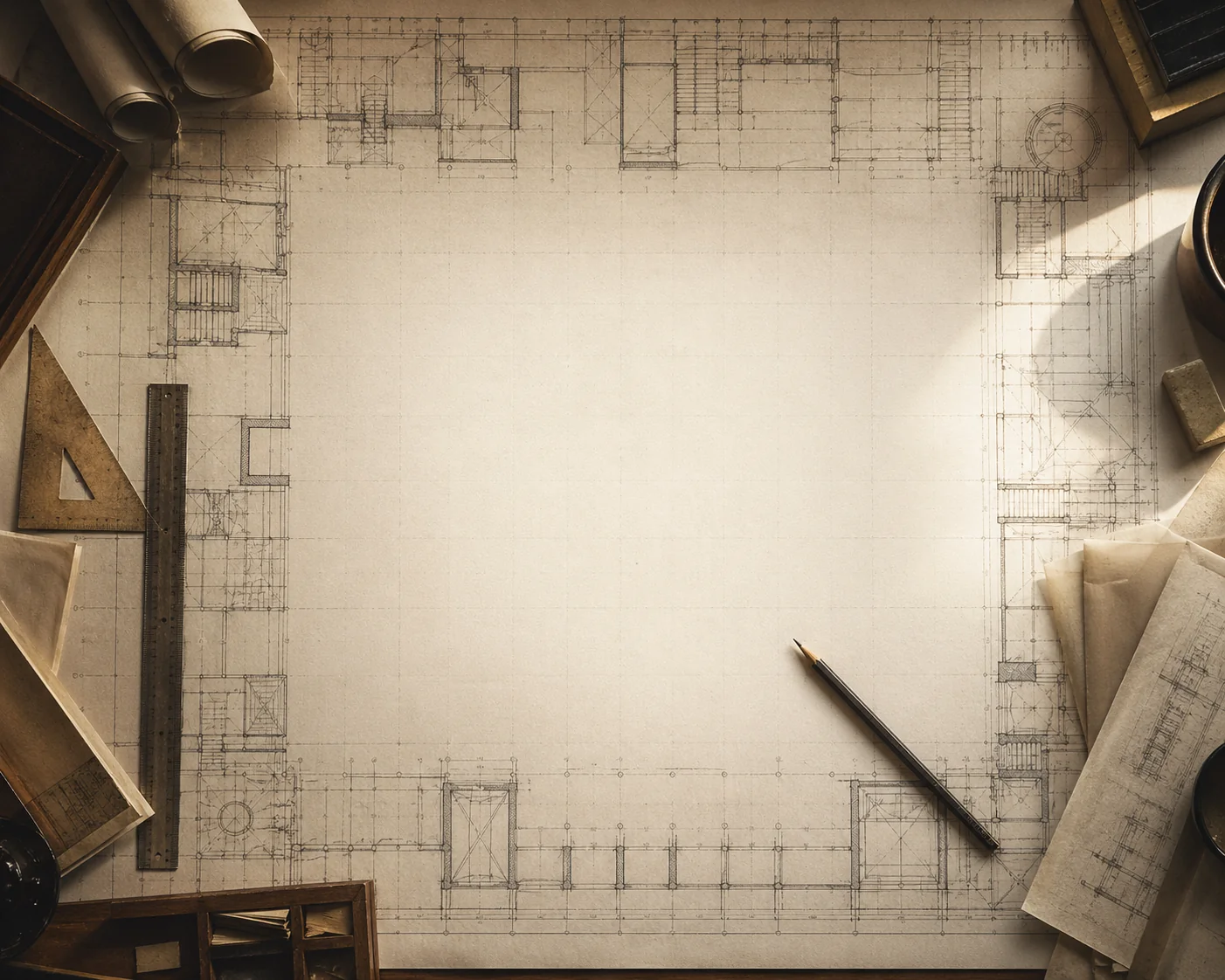 An architect's drafting table viewed from above: blueprints, a triangle ruler, a graphite pencil, and rolled scrolls frame an empty parchment sheet in the center.